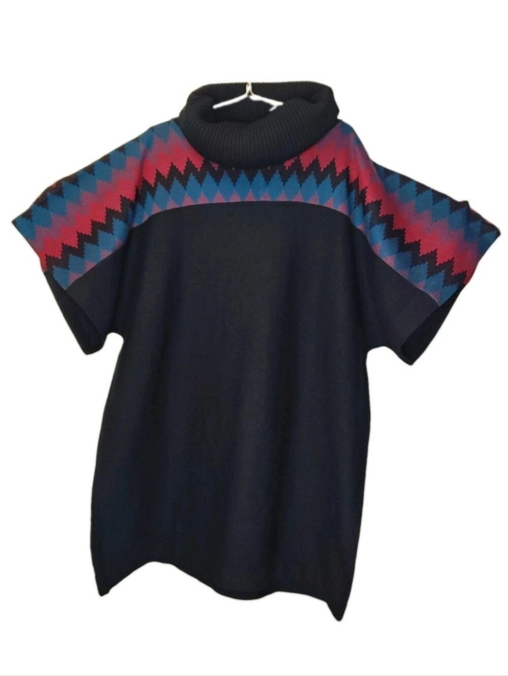 Bonnie Lee Merino Wool Cape Sweater Black Zig Zag Aztec Chunky Rolled Cowl Neck